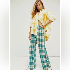 Free People Teal Plaid Wide Leg Pants
